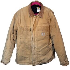 Carhartt Arctic Quilt Lined Canvas Jacket L/XL Tan Distressed Full Zip Collared